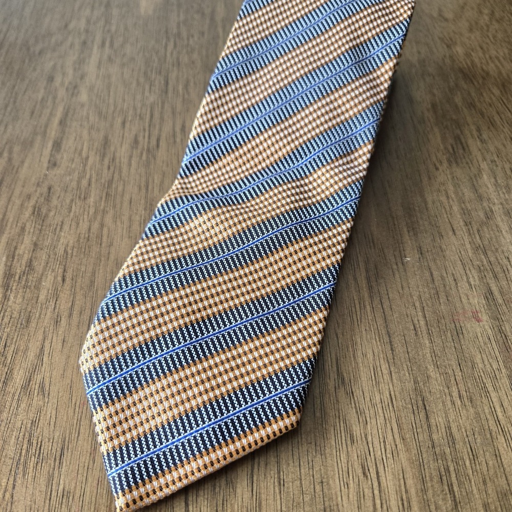 Vintage Pavone Striped Orange Black‎ Blue 100% Silk Handmade Neck Tie Peacock
